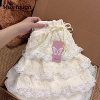 Sweet Lace Ruffle Mini Skirt Women High Waist Elastic Waistband Puff Short Skirt Soft Layered Pleated Skirt Cute Summer Style