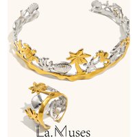 La. Muses Mixed Color Ocean Element Stainless Steel Women's Open Bracelet Ring PVD Gold Plated Fashion Jewelry Accessories