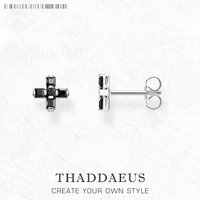 Black Stone Cross Studs Earrings Europe Style Fine Jewerly For Women Vintage Handcrafted Gift In Pure 925 Sterling Silver