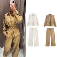 HH Female Causal Pants Suits Long Sleeves Solid Zipper Bomber Jackets+Drawstring Pants Autumn Fashion Safari Wear Khaki Set