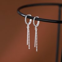 Real 925 Sterling Silver Bead Chain Tassel Geometric Hoop Earrings For Women Classic Fine Jewelry Niche Advanced Accessories