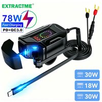 Extractme 78W Motorcycle Quick Charger PD+QC3.0 Phone Power Socket with Digital Switch Voltmeter Retractable Cable Waterproof