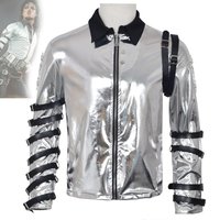 MJ Michael Jackson cosplay costume, Michael performance costume, silver leather jacket, Halloween stage performance costume