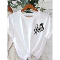 Vibrant Orange with White Butterfly Print T-shirt Girl Cartoon Unisex Tops Short Sleeve Streetwear Women Crew Neck Tees Female