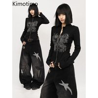 Kimotimo American Retro Printed Black Zipper Cardigan Women Autumn New Punk Slim Fit Long Sleeve Tops Y2k Grunge Goth Streetwear