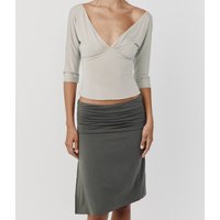 Wj V-Neck Three-Quarter Sleeve Top, Green Pleated Low-Waist Slit Skirt, Pleated Neckline Waist-Cinching Short Top, Low-Waist Pleated Slit Hip-Hugging Skirt, Knitted Deep V Three-Quarter Sleeve