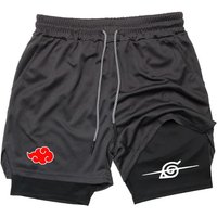 Men Anime Double Layer Shorts Gym Workout Sports Multi-Performance Training Hip-hop Quick-Drying Jogging Pants Towel Y2k Fitness