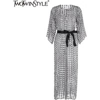 TWOTWINSTYLE Solid Patchwork Pearls Elegant Dresses For Women O Neck Long Sleeve Spliced Bowknot Midi Slimming Dress Female New