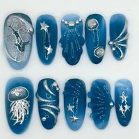 10pcs Gradient Blue Almond Press On Nails Hand-painted Silver Jellyfish Seasells Pattern Fake Nail Handmade Y2k Star False Nails