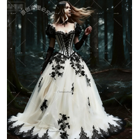 Vintage Black And Ivory Gothic Wedding Dress Short Sleeve Witchy Medieval Bridal Dress 2026 Vintage Medieval Celtic Bride Dress