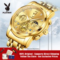PLAYBOY 3139 Brand original authentic watches for man luxury Solid steel belt multifunctional fake hollow quartz men's watch