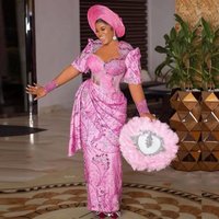 Nigerian African Prom Dresses Long Sleeves Pink Aso Ebi Formal Evening Gowns Beaded Lace Illusions Evening Dress Beading
