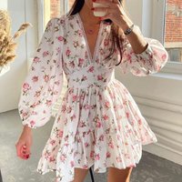 Elegant Sweet Print V-Neck Lace Short Dress Fairy Tale Style Polyester Fabric Printed Skirt for Women Spring Summer Autumn