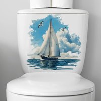 MT1289# Nautical Seagull Sailboat Toilet Lid Decal - Waterproof, Self-Adhesive Removable PVC Bathroom Decoration,