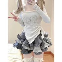 Autumn Japanese Kawaii Two Piece Set Women Sweet Rabbit Print Cute Skirt Suit Female Korean Slim Tops+Princess Cake Skirt 2024