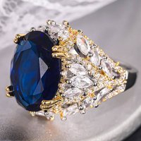 Huitan Women Two Tone Ring Gorgeous Inlaid Brilliant Blue CZ Noble Wedding Party Accessories Fancy Trendy Jewelry for Engagement