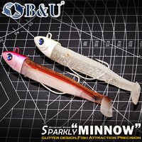 B&U Pre-Rigged Jig Head Soft Lures Glitter Minnow Swimbaits with Hooks Freshwater/Saltwater Fishing Lures for Bass Pike Sea Bass