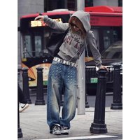 Retro American Style Heavy Duty Rivet Jeans Loose Straight Leg Men's Winter Denim Workwear Trousers Design Sense Splicing