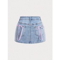 Women's Y2K Light Blue Denim Mini Skirt High Waist A-Line Skirt With Pink Bow Pockets Cute Casual Streetwear Skirt