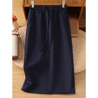 Dark Blue A-Line Midi Skirt High Waist Casual Women's Spring Autumn Fashionable Sports Skirt Commute Straight Tube Skirt