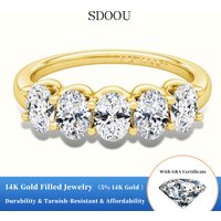 SDOOU 14K Gold Filled 0.3CT Oval Moissanite Ring 5-Stone D VVS with GRA Certified Casual Engagement Fine Jewelry Gift for Women