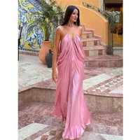 V-Neck Fashion Elegant Maxi Dress Women's Pleated Spaghetti Solid Patchwork Solid Party Dress Evening Female Halter Dress New