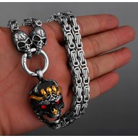 Men's Domineering Thick Chain Stainless Steel Necklace Zircon Inlay Skull Pendant Necklace Fashion Punk Hip Hop Party Jewelry