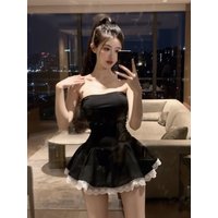 Elegant Short Black Dress with Strapless Waist-Cinching Design Age-Defying Fashionable Korean Style Women's Clothing