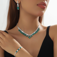 Glamorous Emerald Color Rhinestone 3-Piece Jewelry Set, Silver Tone Necklace Earrings Bracelet for Evening Party