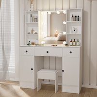 LED Lighted Vanity Makeup Table Set, 3 Drawers Dressing Desk with Large Mirror & Comfortable Stool, USB Charging Dimmable Beauty Mirror image 4
