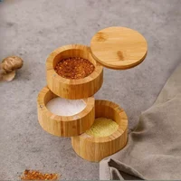 Eco-friendly Kitchen Products Bamboo Wood Triple Salt Spices Storage Container Box with Magnetic Swivel Lids