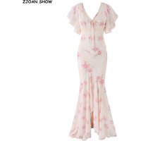 2026 Summer Women Pink Floral Print Spliced Lace Flare Sleeve Chiffon Dress V neck Ruffles Hem Dovetail Maxi Dresses Party Robe