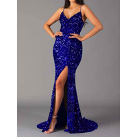 Nouveau bleu Royal Sequin dos nu Slip sirène longues robes de soirée de luxe col en V velours Stretch fente sans manches Cocktail bal