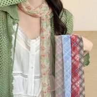 Korean Fashion Boho Floral & Plaid Scarf Lightweight Sheer Chiffon Neck Scarf Headband Versatile Hair Accessory for Women