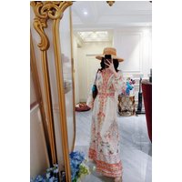 Z Home Luxury Customized 2026 New Holiday Style Print V Neck Waist Cinch Slim Long Sleeve mid Length Dress