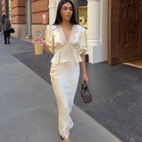 Tornova 2026 Summer New Lace Dress Set Satin V Neck Short Sleeve T Shirt Elegant Slim Long Skirt Suit Female Holiday Party Sets