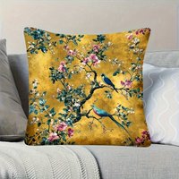 1pc Luxury Oriental Golden Floral & Bird Pattern Printed Pillowcase Vibrant Colors, Zipper Closure for Home Bedroom Pillow Cover