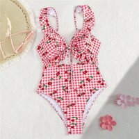 Sweet Pink Cherry Plaid Print Swimwear Ruffled One Piece Sexy Swimsuit Woman 2026 Hollow Out Monokini Swimming Bathing Wear Suit