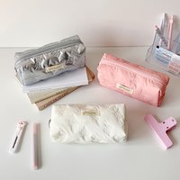 1pc Silver Fashion Bow Pencil Case Student Stationery Large Capacity Storage Pen Bag Back-to-School Supplies Girl Makeup Bag