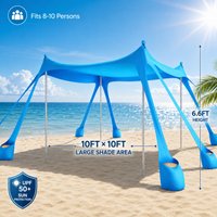 10x10ft Lycra Beach Canopy UPF50+ Windproof Sunshade Shelter with 8 Sandbags & Aluminum Poles, All-Weather Stable Family Tent