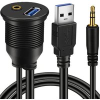 1M 3ft USB 3.0 & 3.5mm AUX Extension Mount Dash Mount Flush Mount Panel Cable for Car Boat Motorcycle Waterproof Cord