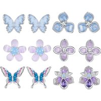WOSTU 925 Sterling Silver Lilac Flower Earrings Purple Flower Iris Dragonfly Small Ear Studs for Women Girl Fine Jewelry Gift