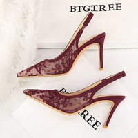 BIGTREE Fashion Lace Pointed Toe Woman Pumps Thin Heels Hollow Concise Elegant Party Ladies Shoes Zapatillas De Mujer