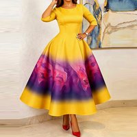 Temperament Lady Simple Evening Party Dress Elegant Gradient Printed O-neck Prom Gowns Fashion High Waist Pleated Printed Dress