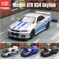 1/32 Nissan Skyline GTR R34 JDM Toy Car Model Diecast Vehicle Miniature Sound & Light Pull Back Collection Gift Children Boy