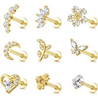 9Pcs 16G Cartilage Earrings for Women Stud Earrings Set Tragus Helix Conch Earrings Internally Threaded Labret CZ Piercing