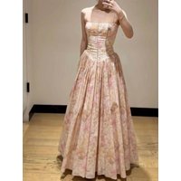 Women Floral Print Pink Sling Robe High Waist Square Collar Sleeveless Holiday Maxi Dress