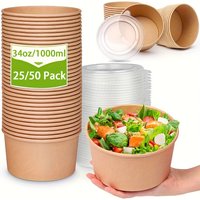 34Oz/1000Ml 25/50 Pack Paper Bowls with Lids, Disposable Soup Bowls, Food Containers Lunch Box, Salad Bowls, Meal Prep Bowls