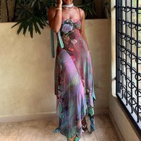 Vacation Sleeveless Slim Hem Long Dress Sexy Backless Beach Cocktail Dress Women's Clothes Lightweight Breathable Printed Dress