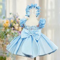 Customized Blue Flower Girl Dress For Wedding Appliques Bow Sleeveless High Waist Kids Birthday Party First Communion Gown